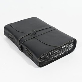 Vintage Black Leather Journal - 200 Pages Gray Deckle Edge Rustic Paper, Unlined Pages Book of Shadows, Grimoire, Junk Notebook, Fantasy Medieval Gifts, Sketchbook, Scrapbook (Raven Black, 7"x5")