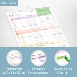Häfft® Family Planner 2026 Compact with 4 Columns "Rainbow" 16.5 x 32.5 cm - Wall Calendar Family Calendar for 12 Months Jan to Dec 26 - Sustainable & Climate Friendly