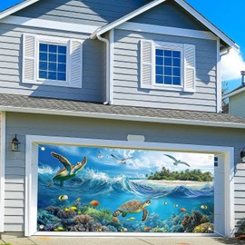 8X7FT Summer Under The Sea Garage Door Banner Cover, Ocean Beach Sea Turtle Wave Seaside Islands Party Decorations Backdrop Background, Summer Holiday Outdoor Party Decor