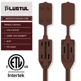 PLUGTUL Indoor Extension Cord 20 FT, 3-Outlet Household Extension Cord, Brown, 2 Prong, 16 Gauge, 3 Polarized Outlets with Safety Cap Protect for Home Office, 16/2 SPT-2 ETL Listed