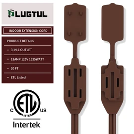 PLUGTUL Indoor Extension Cord 20 FT, 3-Outlet Household Extension Cord, Brown, 2 Prong, 16 Gauge, 3 Polarized Outlets with Safety Cap Protect for Home Office, 16/2 SPT-2 ETL Listed