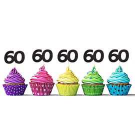 Sumerk 24PCS 60 Cupcake toppers Black Glitter 60th Birthday Cupcake Picks Anniversary Party Decorations