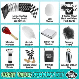 DS Brands Black and White Sensory Toys for Babies - Sensory Baby Toys 0-6 Months - Ribbon Ring, Scarf, Sensory Board, Cards, Maracas, Foil Blanket-Newborn Girl Boy Christmas Stocking Filler Gift Box
