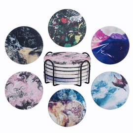 Coasters for Drinks with Holder,Ceramic Absorbent Drink Coasters Set of 6 Cork Base Protect The Wooden Table,Housewarming Gifts for Home Decor,4 inches