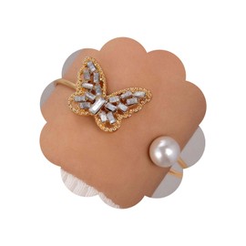 Wendalern Gold Cuff Bangle Bracelet Zirconia Butterfly Pearl Open Bangle Dainty Crystal Butterfly Pearl Wrist Bangle Adjustable Thin Cuff Bracelet Hand Jewelry for Women and Girls