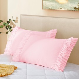 Vonty Ruffled Pillow Cases Queen Pillowcases(20x30), Decorative Ruffle Pillowcases - Pink Pillow Cases Set of 2, Scalloped Euro Sham Farmhouse Pillow Shams with Envelope Closure