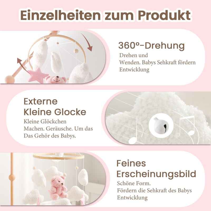 Herfair Mobile Baby Bed Bell with Teddy Bear Wooden Girls