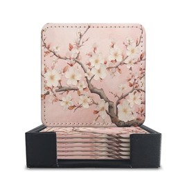 Coasters for Drinks with Holder, Pink Cherry Blossoms on Branches Square Coaster for Tabletop Protection, 6Pcs Coasters for Home Decor