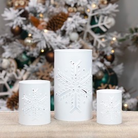 AuldHome Snowflake Candle Lanterns for Pillar Candles (Set of 3); Christmas Holiday Decor Centerpiece Candle Holders