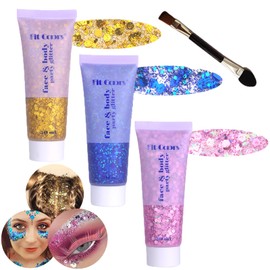 Body Glitter Face Glitter Gel: Singer Concerts Disco Festival Rave Accessories Face Glitter Makeup 150ml Chunky Sequins Mermaid Face Body Hair Glitter Gel (Pink&Gold&Blue)