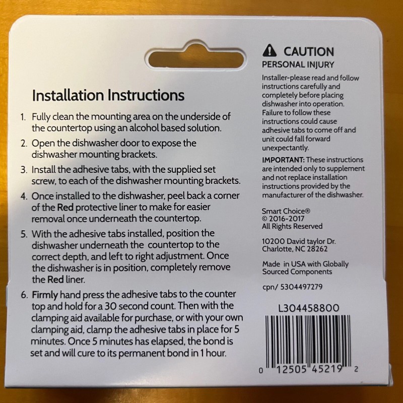 SMART CHOICE Solid Surface Granite Countertop Dishwasher Installation Mounting Kit