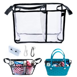 Clear Beach Bag Organizer Insert with 3pcs Accessories for Medium Bogg Bag Inserts -Beach Tote Bag Divider with Sunglasses Holder, Phone Holder and Clips Hooks - Beach Tote Bag Insert Organizer Liner