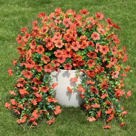 INSPRING Fall Fake Mums Artificial Flowers Hanging Decoration for Outdoors, 2Pcs Orange Daisy with Autumn Eucalyptus Leaves, Realistic Plants Decor, Silk Flower for Porch Patio Balcony Planter Yard