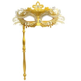 G YITENG Venetian Masquerade Mask with Handle, Black Metal Filigree Design with Rhinestones, Handheld Stick Mask for Mardi Gras, Costume Parties (Gold)