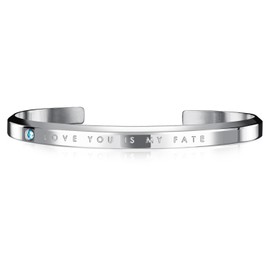 Rockyu Women's Silver Cuff Bracelet Engraved "LOVE YOU IS MY FATE" Hypoallergenic Stainless Steel Bangle with Blue Gemstone Romantic Gift
