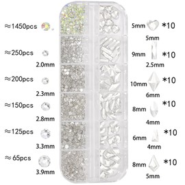 Multi Shapes White 3D Glass Crystal Nail Art Rhinestones Kit with 0.8mm Round Bead Charm Flatback Gem Stone Jewelry Diamond for Manicure Makeup DIY Craft Decoration
