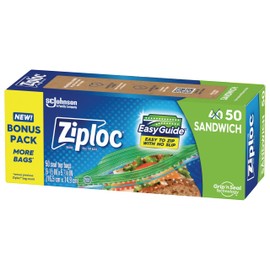 Ziploc Ziploc Sandwich and Snack Bags with EasyGuide Texture, Plastic Storage Bags with Grip 'n Seal Technology, 50 Bags Total