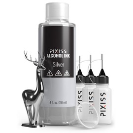 Silver Alcohol Ink for Resin - Metallic Alcohol Ink Silver Color 4-Ounce for Epoxy Resin, Tumblers, Resin Art, Alcohol Ink Paper, Silver Pigment Ink, 3 Pixiss Needle Tip Applicator Bottles and Funnel