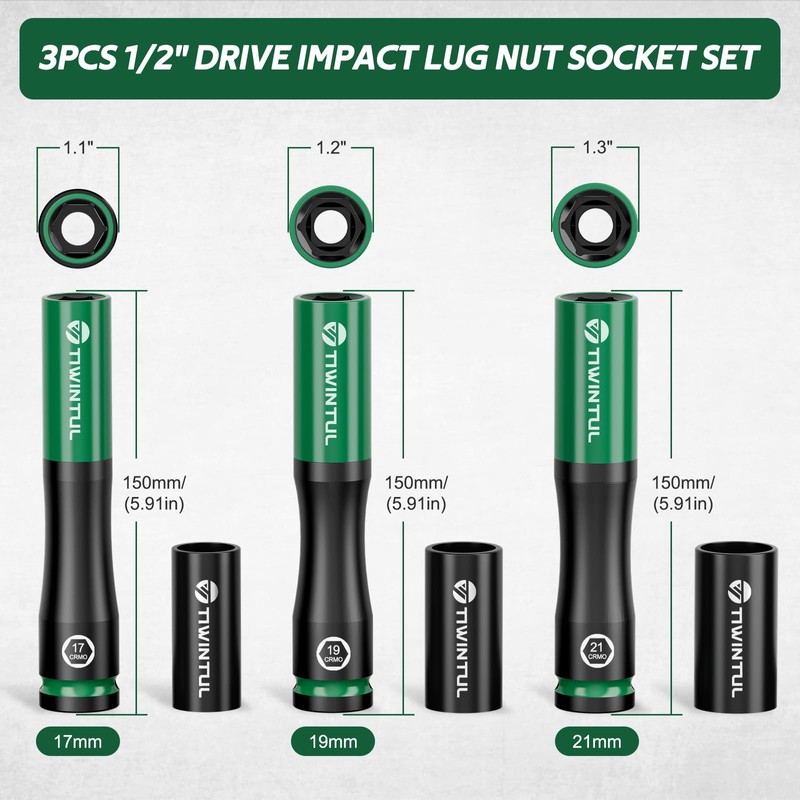 TIWINTUL 1/2" Extra Long Lug Nut Socket Set, 6Pcs Non-Marring