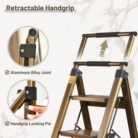 XinSunho 3 Step Ladder, Aluminum 3 Step Stool with Retractable Handrail and Anti-Slip Wide Pedal, Folding Stool Ladders 3 Steps, 330lbs Safety Household Slim Ladder