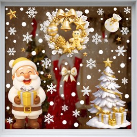 6Pcs Christmas Window Clings Gold Snowman Santa Claus Window Decorations Holiday Merry Christmas Tree Window Stickers Silhouette Snowflake Double Side Windows Decals Winter Cartoon Decor for Glass
