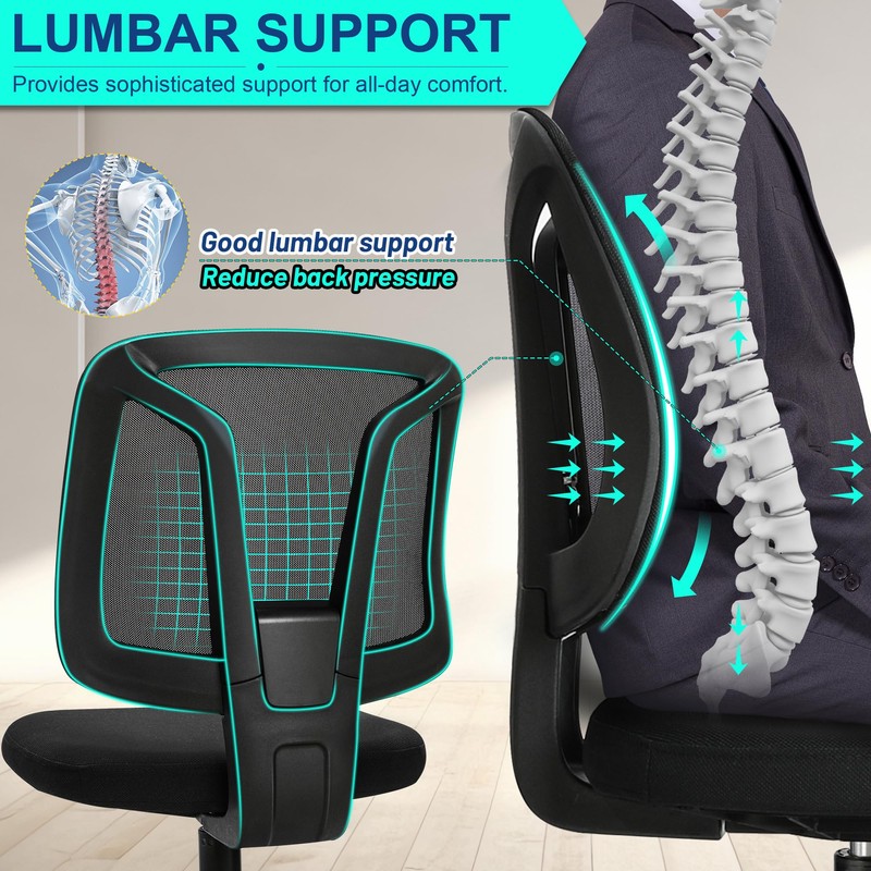 KIZECK Armless Modern Comfy Mesh Back Study Chair with Wheels