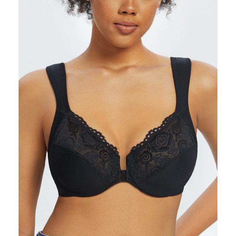 Lemorosy Wide Strap Front Closure Bra Lace Full Figure Underwire(Black