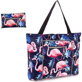 Rayson Women's Foldable Beach Bag with Zip Large 46 x 10 x 43 cm Summer Bags Bath Bag XXL Family Handbag Shopper, Blue flamingo