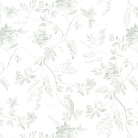 Dimoon 17.3''x78.7'' Green Peel and Stick Wallpaper Floral Modern Sage Light Green Contact Paper White Bird Wallpaper Removable Renter Friendly Waterproof Embossed Kitchen Bedroom Bathroom Vinyl Roll