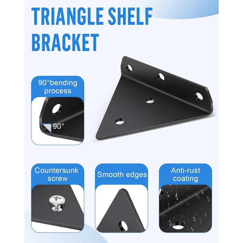 Pack of 2 Floating Shelf Brackets, Black, 8 cm Triangle