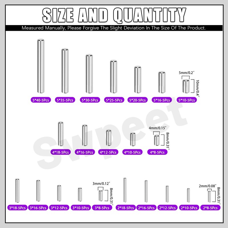 Swpeet 110Pcs M2 M3 M4 M5 304 Stainless Steel Dowel