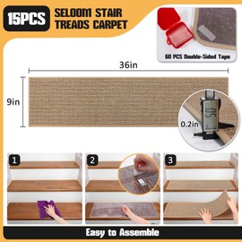 Seloom Linen Non Slip Stair Treads Carpet for Wooden Steps Indoor, Peel and Stick Carpet Stair Tread for Wood Stairs, Machine Washable Stair Runners for Pets, 15 Pack, Beige (9" x36)