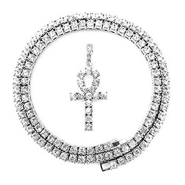 Shiny Jewelers USA Mens Hip HOP Silver ICED Out Micro Double ANKH Cross Pendant Cuban Rope Box Chain Necklace Set (Ankh Silver Tennis Chain 20")