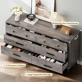 YITAHOME Grey Dresser TV Stand for 55 Inch TV/6 Drawer Dresser Entertainment Center/Console Table with Black Metal Handles & Anti-Tipping Device for Living Room/Bedroom