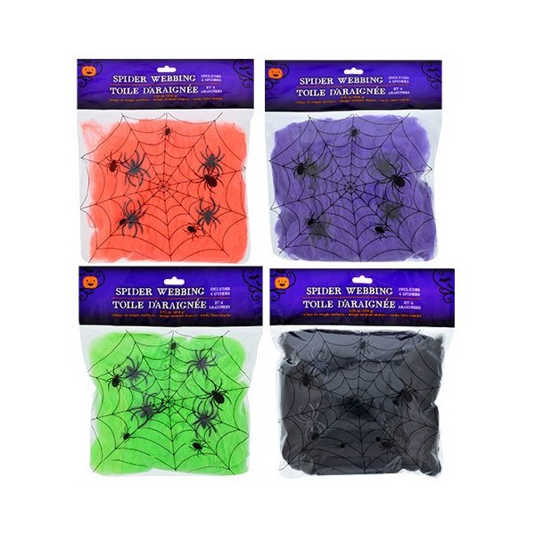 Halloween Colorful Faux Spider Webs with Plastic Spiders Bundle of 4 Bright Colors