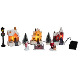 Bambelaa! Christmas Town 9-Piece Winter Village Christmas Village Christmas Scene Christmas LED Illuminated Warm White Figures Decorative Table Indoor Houses Battery Operated with 3 LEDs Christmas