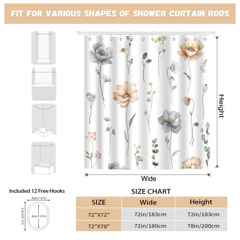 Spring Watercolor Beige Gray Floral Shower Curtain 72X72Inch
