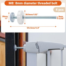Baby Gates Pet Gates Spindle Rods 8mm(M8), Replacements Parts to The Screws for Baby Gate Dog Gate Door or Stair Gate, Wall Protector Threaded Screw Bolts Hardware Kit, White, 4 Pack