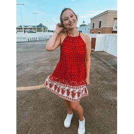 Arach&Cloz Women's Boho Halter Dresses Floral Print Sleeveless Short Mini Sundress with Pockets(Red,M)