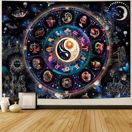 Lahasbja Blacklight Constellation Tapestry UV Reactive Sun and Moon Tapestries Spiritual Zodiac Astrology Wall Tapestries Psychedelic Galaxy Wall Decor Mystic Yin Yang Wall Hanging for Bedroom