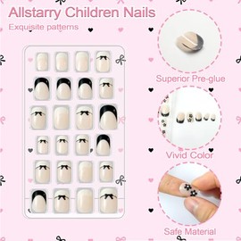 Allstarry Uñas Postizas para Niñas (Paquete de 3, 72 Unidades), con Pegamento Incorporado, Cobertura Completa, Punta Francesa, Cortas, Ideales para De