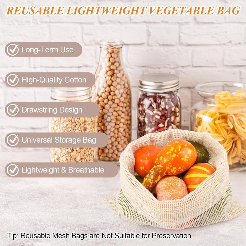 8 Pcs Reusable Cotton Mesh Produce Bags, Biodegradable Washable Eco-Friendly,