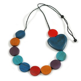 Multicoloured Wooden Coin Bead and Heart Black Cotton Cord Long Necklace/ 92cm Max Length/Adjustable