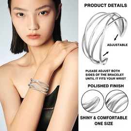 SELFWIMG Silver Bangle Bracelets for Women Chunky Cuff Bracelets Fashion Multi-layer Cross Wire Cuff Bangle Bracelet Adjustable Open Wrist Fashion Jewelry Gifts