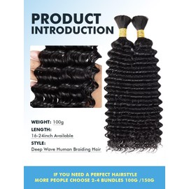 Human Braiding Hair for Boho Braids 100g 18 Inch Natural Black Curly Boho Hair for Braiding Knotless 12A Deep Wave Bulk Bohemian 2 Bundles/Pack Color 1B