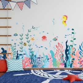 Condessacity Wall Sticker Seaweed Blisters Sea Fish Seahorse Corner Line Sticker Ocean Stylish Removable Cute Sea Life Wall Sticker Kids Room Bathroom Poster Wallpaper Toy Room Wall Sticker Decoration