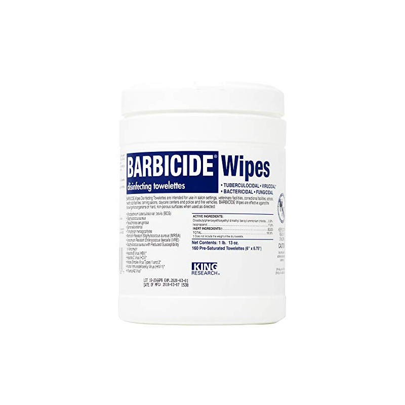 Barbicide Disinfectant Wipes, Clear, 160 Count (Pack of 1), BRA-11364