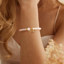 Pearl Beaded Bracelets for Women Dainty Bow Bracelets Wedding Gifts for Newlyweds Birthday Gifts Non Tarnish Jewelry Letter D