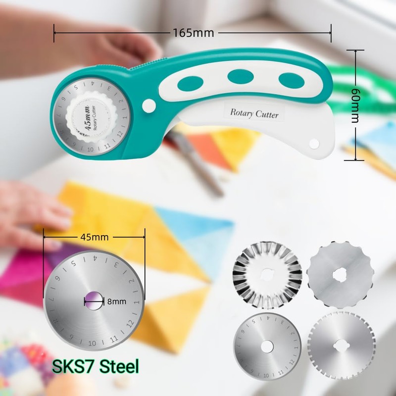 45mm Rotary Cutter for Fabric with 8pcs Rotary Blades, Rolling