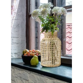 Serene Spaces Living Large Rattan Wrapped Glass Bottle Vase, Farmhouse Vase for Dried, Fresh, Faux Plants, Table Centerpiece for Wedding, Living Room, Mantel, Office, 7.25" Diameter & 12.5" Tall